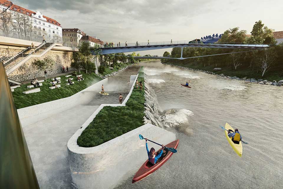 Graz Murufer Surf und Kajakwelle in der Mur